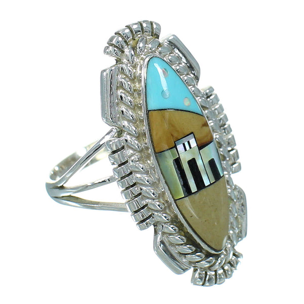 Multicolor Southwestern Silver Native American Pueblo Design Ring Size 8-3/4 AX79297